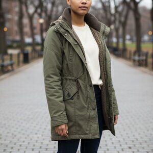Abercrombie‎ & Fitch Khaki Utility Jacket Parka Sz XS Sherpa Lined Hooded Cozy